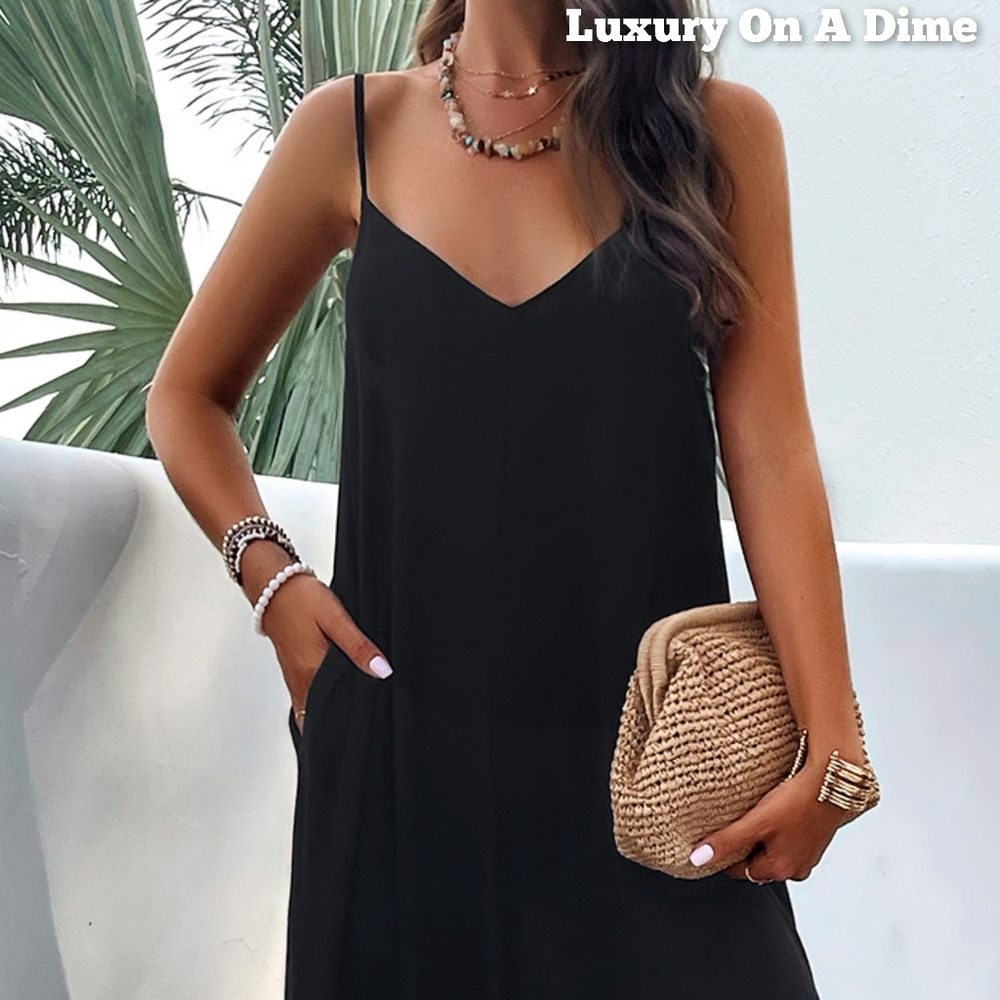 Oversized Pocket Casual Sleeveless V-Neck Low Back Long Summer Maxi Dress - Picture 10 of 16